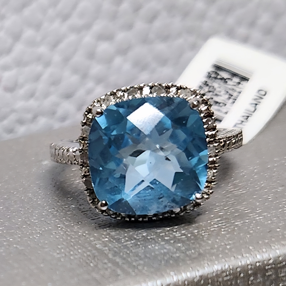 7.50 CT Blue Topaz .10 CTW White Diamonds Silver Ring NWT  SALE SALE SALE